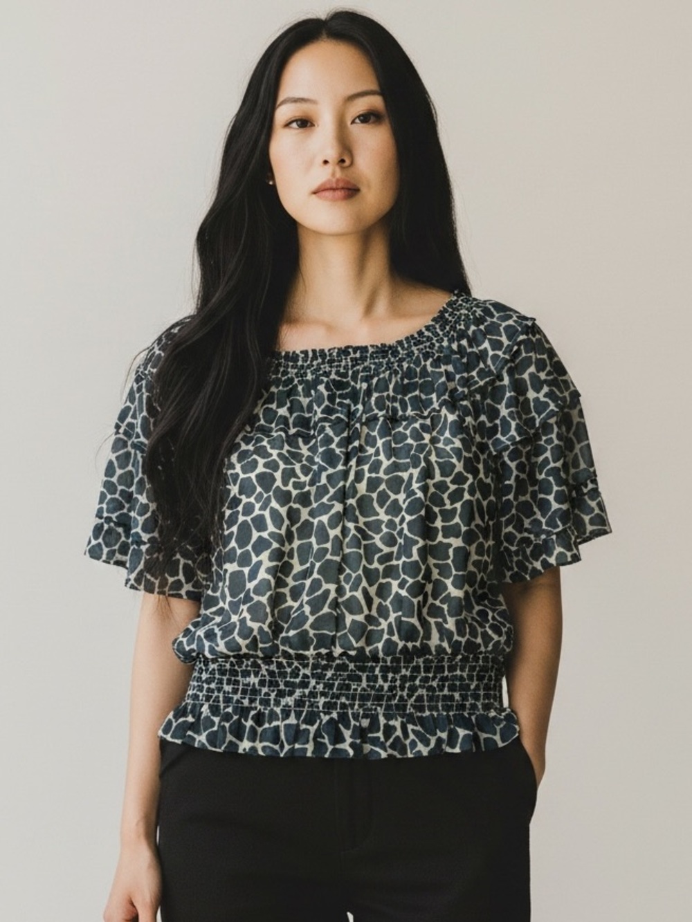 Ann Taylor Navy and Cream Smocked Printed Blouse